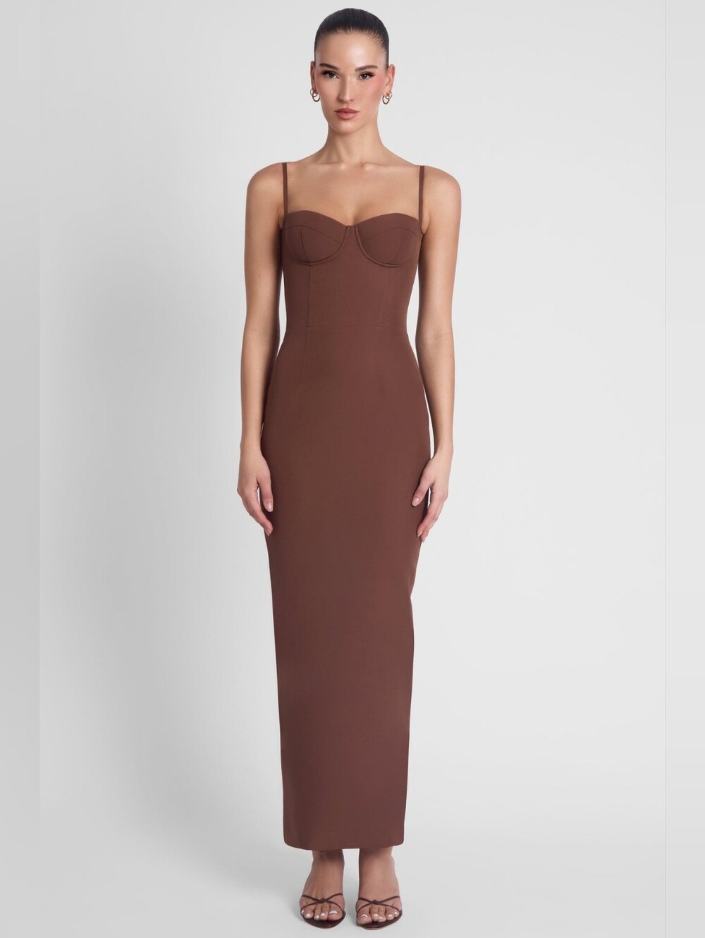 Sleeveless Brown Bustier Maxi Dress Belle Bustier Midi